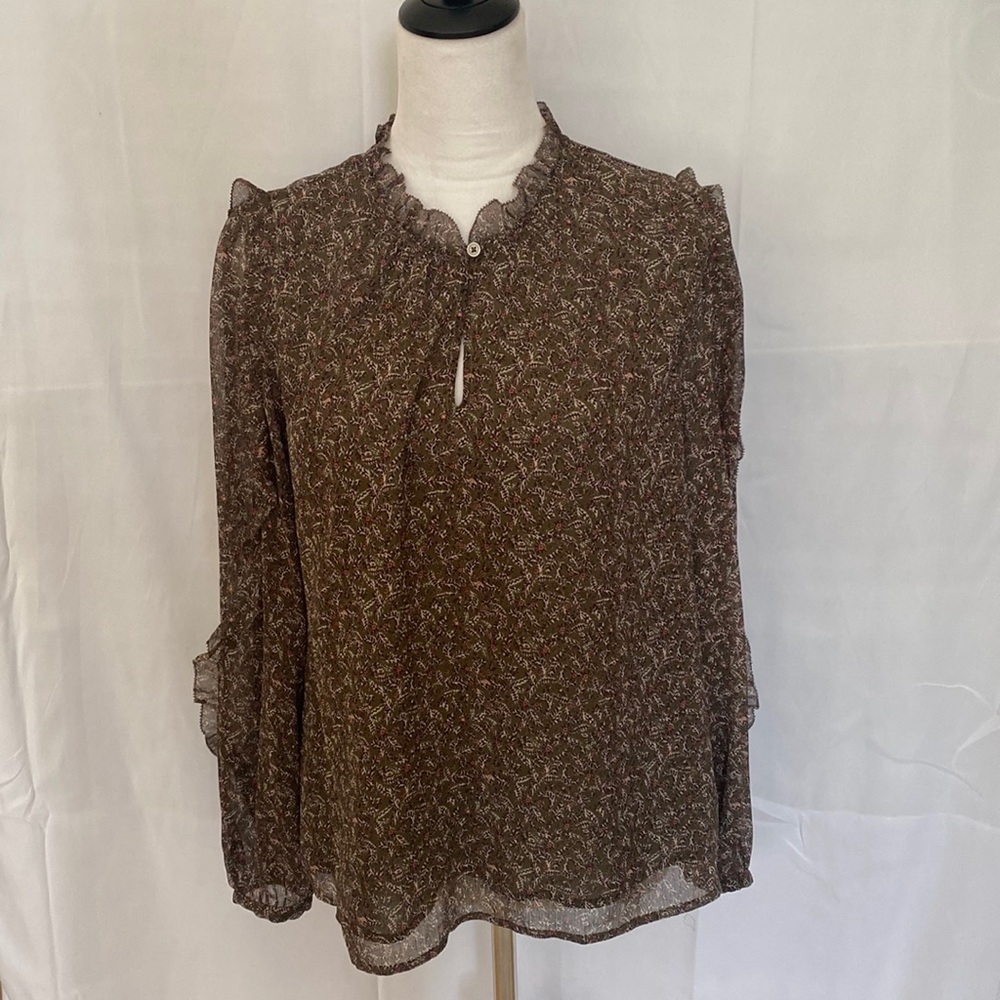 LOFT EUC Olive Green Pink/Purple Floral long sleeve top, MEDIUM